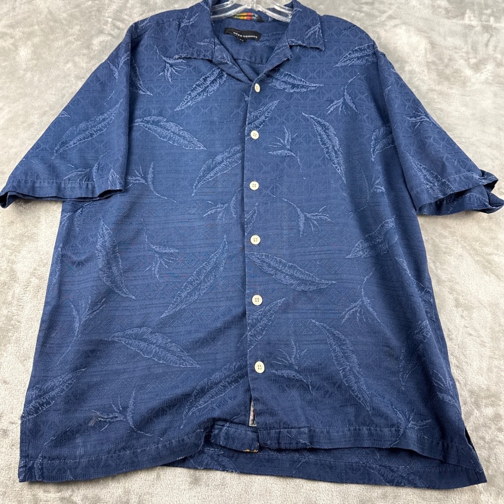 Greg Norman Button-Down Mens Large Tropical Navy Blue Jacquard Leaf EUC